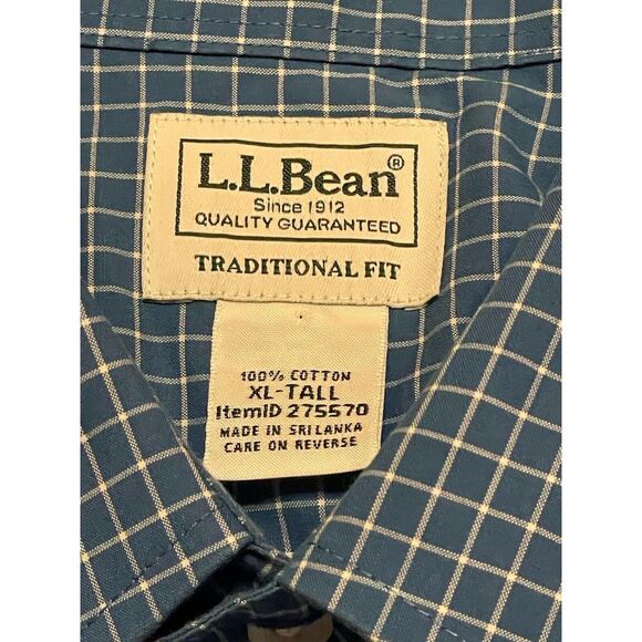 LL Bean XL Tall Traditional‎ Fit Blue/White Check Button Down L/S Cotton Shirt - Picture 3 of 6